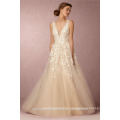 Latest Gowns Alibaba Elegant V Neck Flowers Champage White A Line Wedding Dresses Vestidos de Novia wtih Pearls LW253B